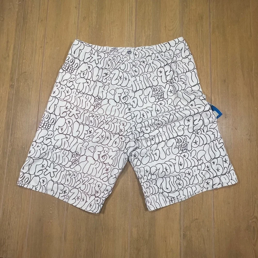 Zoo York Graffiti Board Shorts Mens 36 White Black Print Swim Trunks Skater
